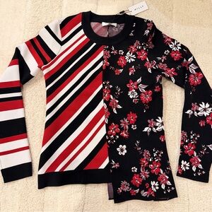 Milly Black Red White Mixed-Print Crewneck Sweater (Diagonal Stripes & Floral)